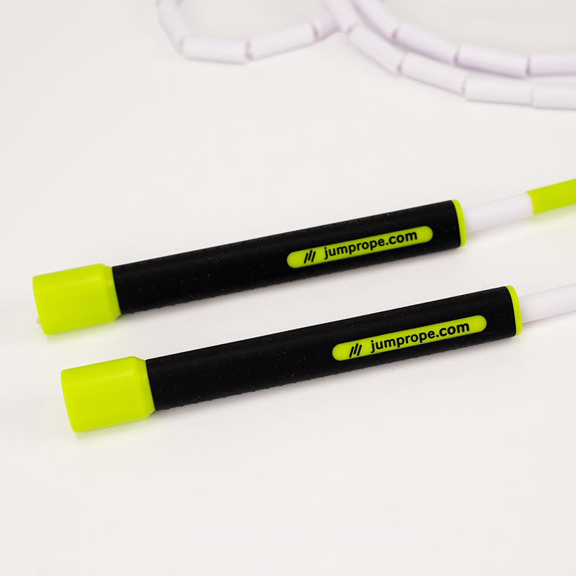 Beaded Rope product photo zoomed in on handles with jumprope.com branding on them