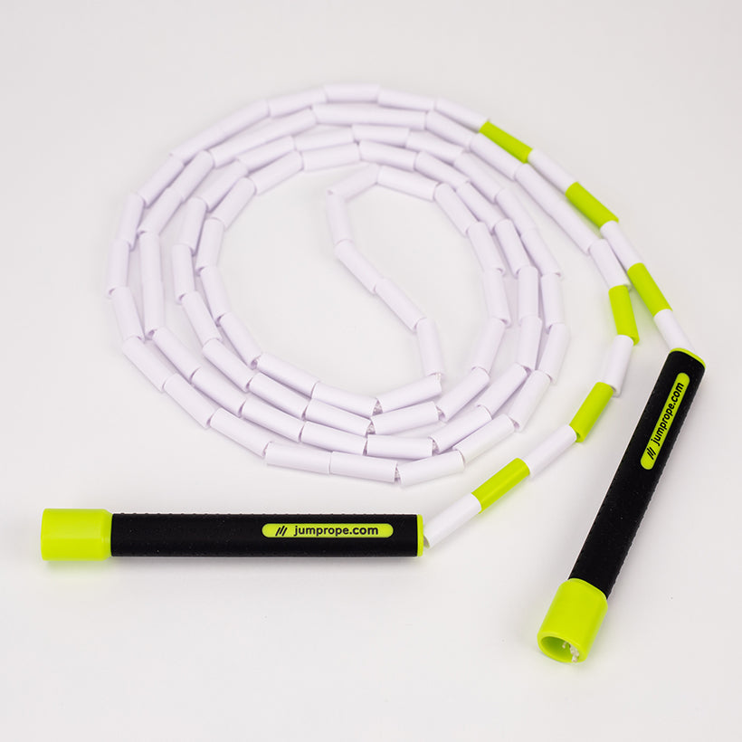 Beaded Rope product photo on white background with jumprope.com on the handles