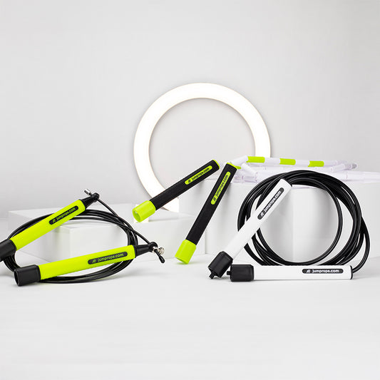 A group of products together including a Freestyle, Speed and Beaded Rope from jumprope.com on a white background