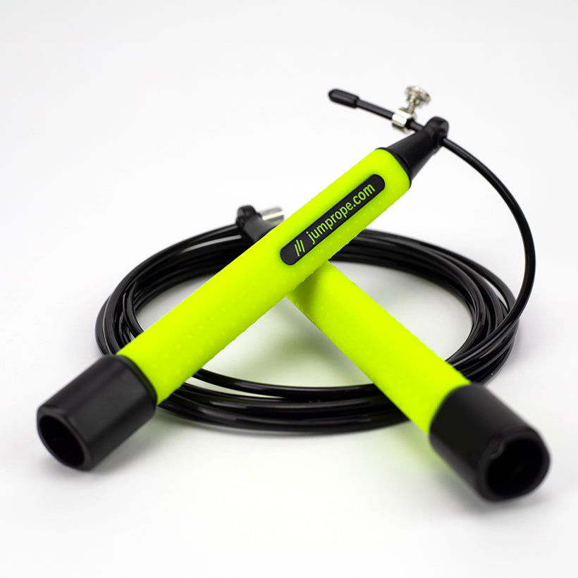 Speed Rope product photo on white and background with jumprope.com on the handle